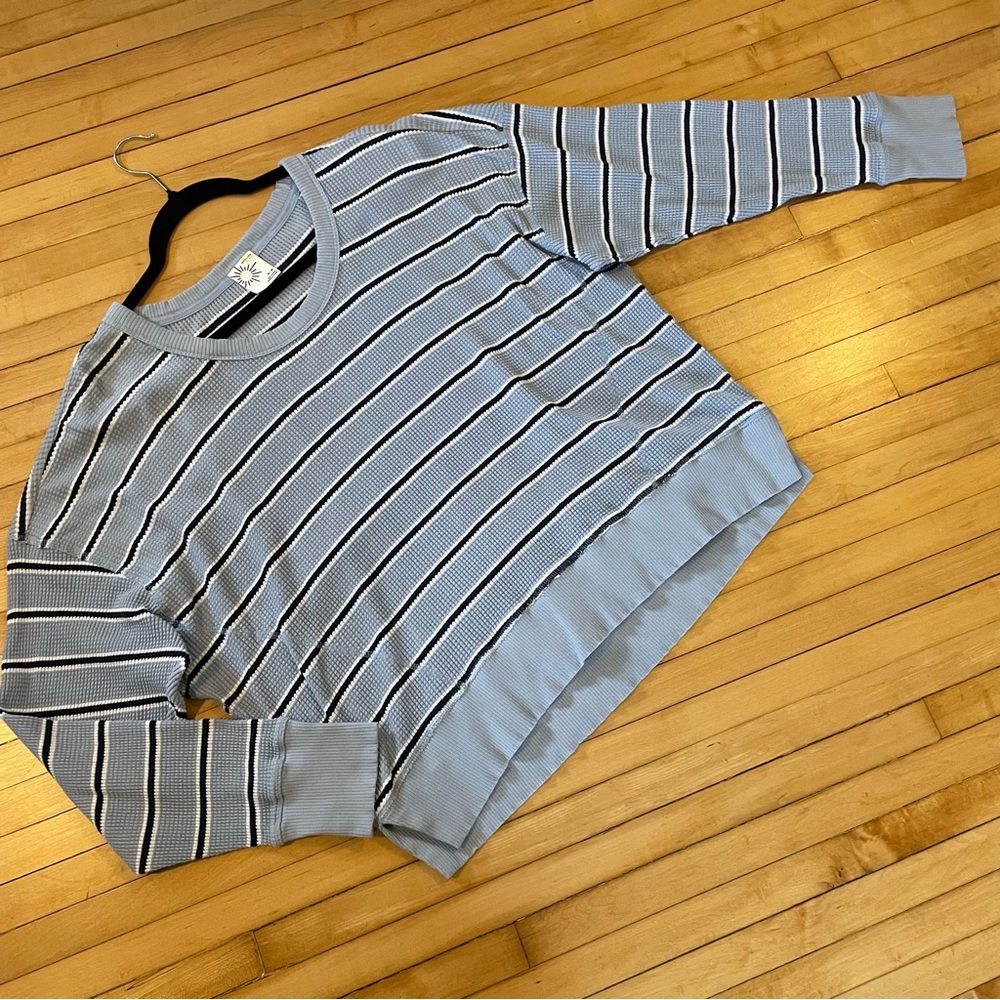 AERIE Offline Thermal Waffle Knit Top Shirt Boxy Fit Varsity Rugby Stripe